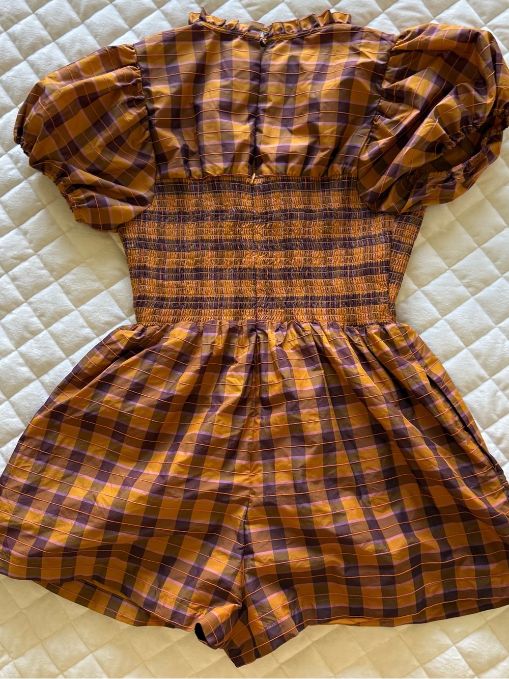 Anthropologie Maeve Puff-Sleeve Smocked Plaid Romper - Size Medium - Picture 13 of 15
